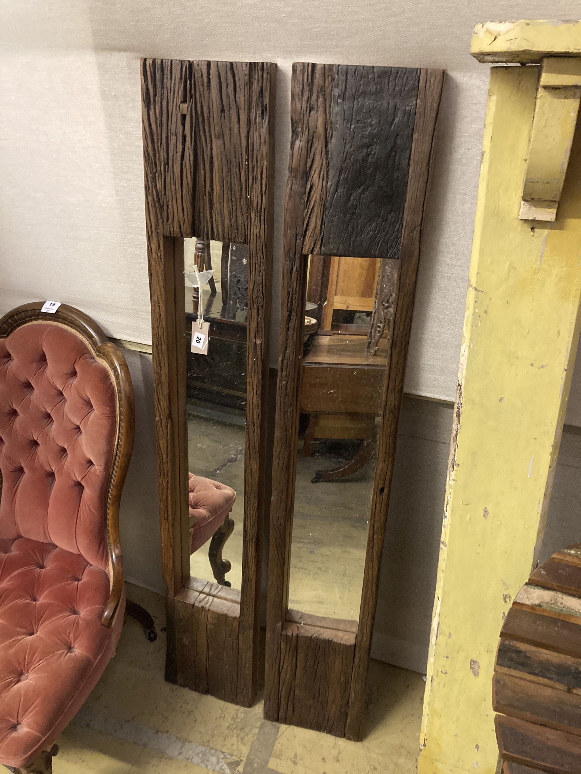 A pair of reclaimed wood rectangular wall mirrors, width 150cm height 25cm